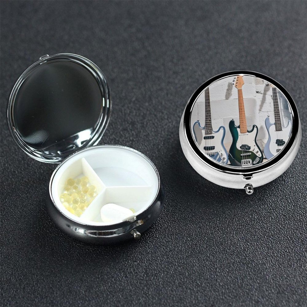 Pill Box Small Pill Case 3 Compartment Metal Pill Holder for Purse or Pocket Travel Pillbox Portable Pill Container Guitar Bass Music Musical Instruments Medicine Organizer for Vitamins Fish Oil
