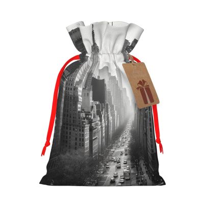 Black and white New York Christmas Gift Bags with Tags & Ribbon Ties, Xmas Drawstring Candy Treat Bag Christmas Gifts Sacks Reusable Gift Wrapping Bags for Holiday Party Favors Small