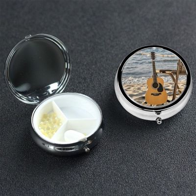 Pill Box Small Pill Case 3 Compartment Metal Pill Holder for Purse or Pocket Travel Pillbox Portable Pill Container Guitar on The Beach Medicine Organizer for Vitamins Fish Oil