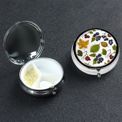 Pill Box Small Pill Case 3 Compartment Metal Pill Holder for Purse or Pocket Travel Pillbox Portable Pill Container Leaves and Berries Medicine Organizer for Vitamins Fish Oil