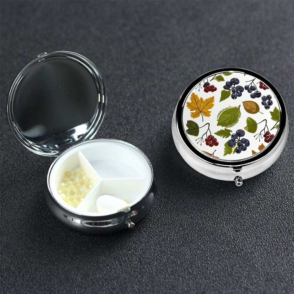 Pill Box Small Pill Case 3 Compartment Metal Pill Holder for Purse or Pocket Travel Pillbox Portable Pill Container Leaves and Berries Medicine Organizer for Vitamins Fish Oil