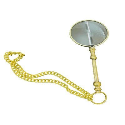 Vintage Brass Magnifying Glass with Chain, Decorative Marine Replica, 4.2 Inch Length, 1.6 Inch Lens