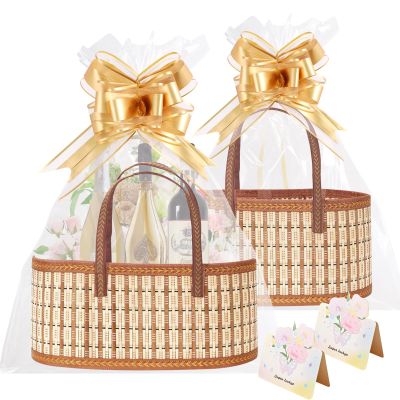 Bsenogou Baskets for Gifts Empty 2 Set, Christmas Gift Empty Bamboo Basket Large, Foldable Woven Gift Basket with Handle for Baby Baptisms, Mother's Day, Christmas, Housewarming (2 Set)