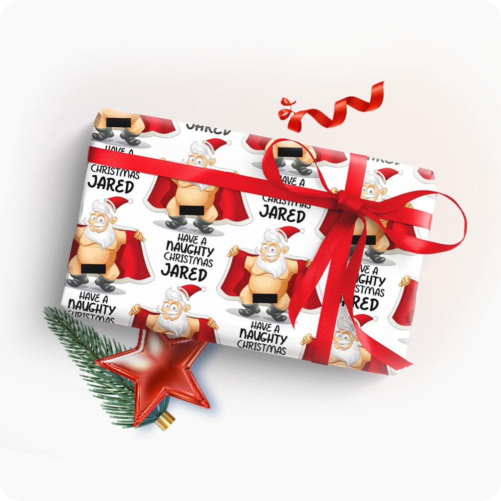 Personalized Christmas Naughty Naked Old Fat Santa Gift Wrap | Christmas Wrapping Paper | Name Personalized | Cute Holiday Present (White, 24"x72"(6ft))