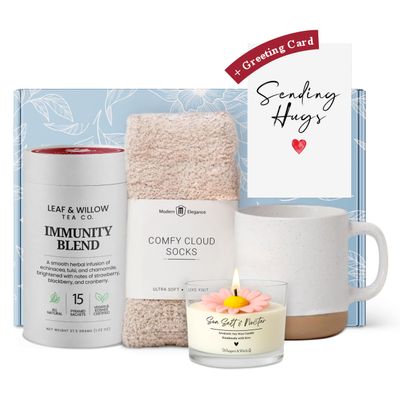Modern Elegance Tea Gift Set for Women Recovery & Self-Care Care Package with Caffeine-Free Herbal Tea, Ceramic Mug, Cozy Cloud Socks & Sending Hugs Card (Immunity Blend)