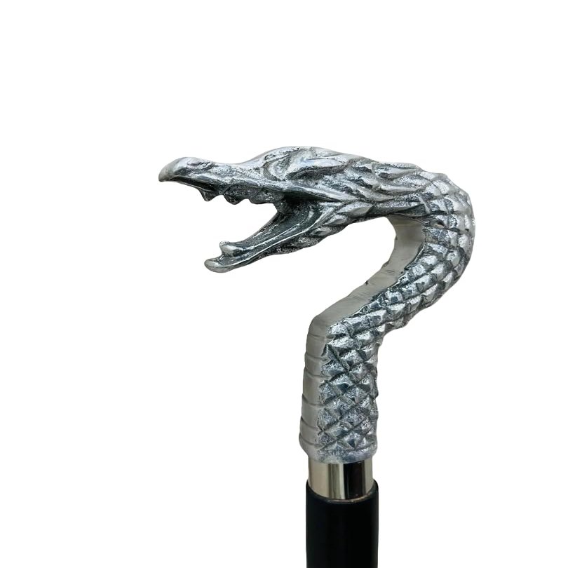 Victorian Style Wooden Walking Stick, Silver Brass Snake Head Handle, Black Wood Shaft, 37 Inch Length, Handmade Decorative Cane