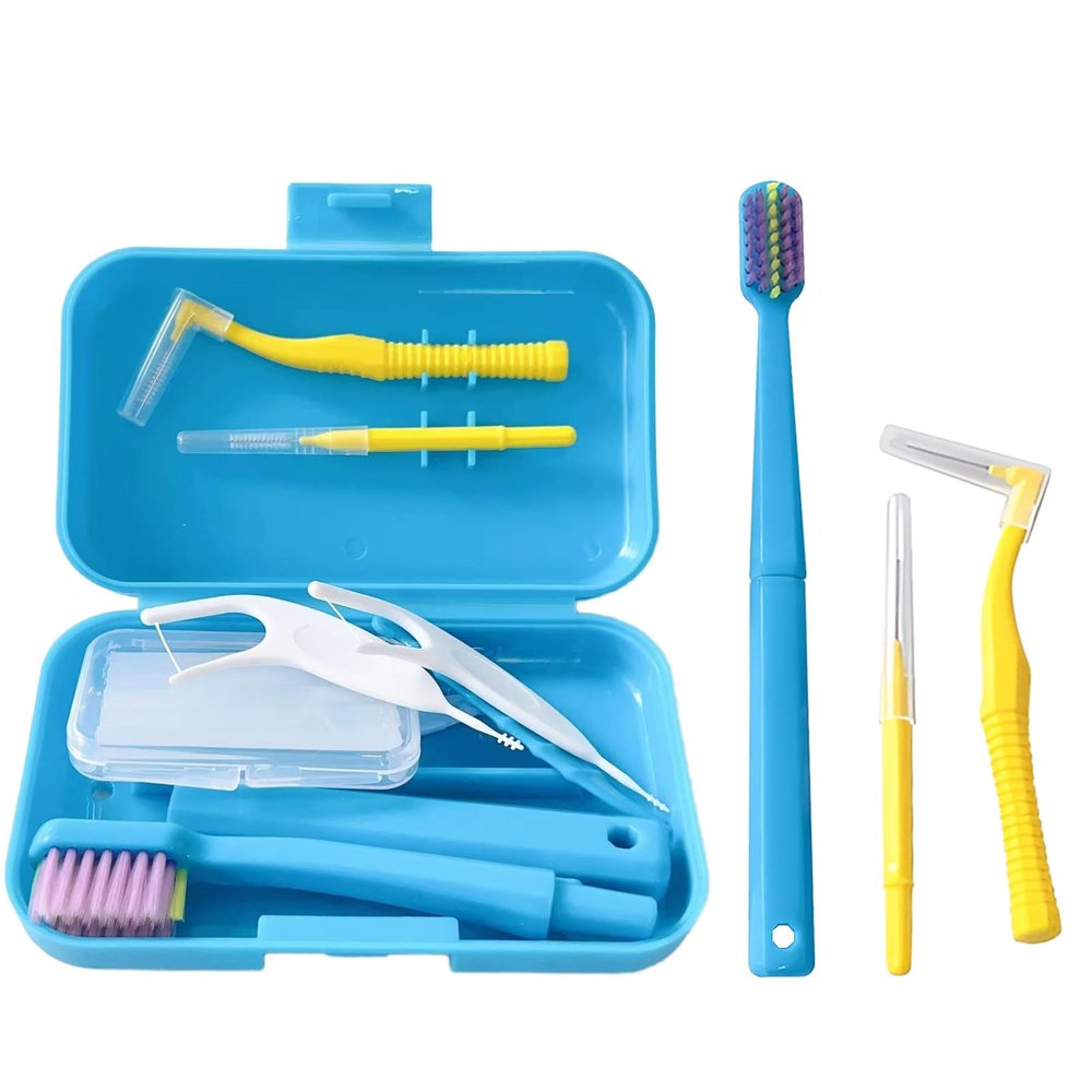 6-in-1 Orthodontic Oral Care Kit with Case Detachable Toothbrush, Interdental Brush, Dental Floss Pick, Toothpick Brush, Dental Wax with Cutter, Elastic Hook Set for Braces Daily Travel Use (Blue)