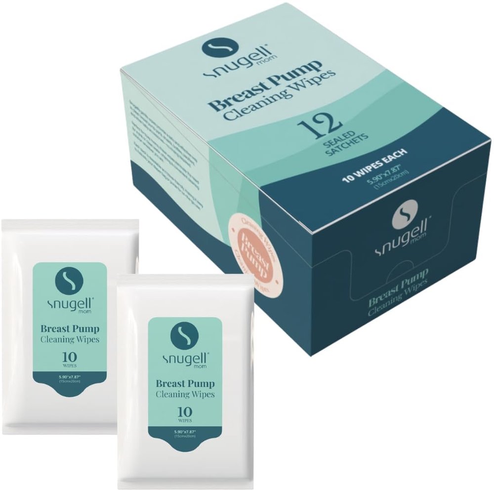 Snugell Breast Pump Wipes, 120 Count (12 Individually Wrapped Packs) - No-Rinse, Hypoallergenic, Unscented Cleaning Wipes - Safe for Pump Parts, Bottles, Pacifiers and Accessories - Travel Friendly