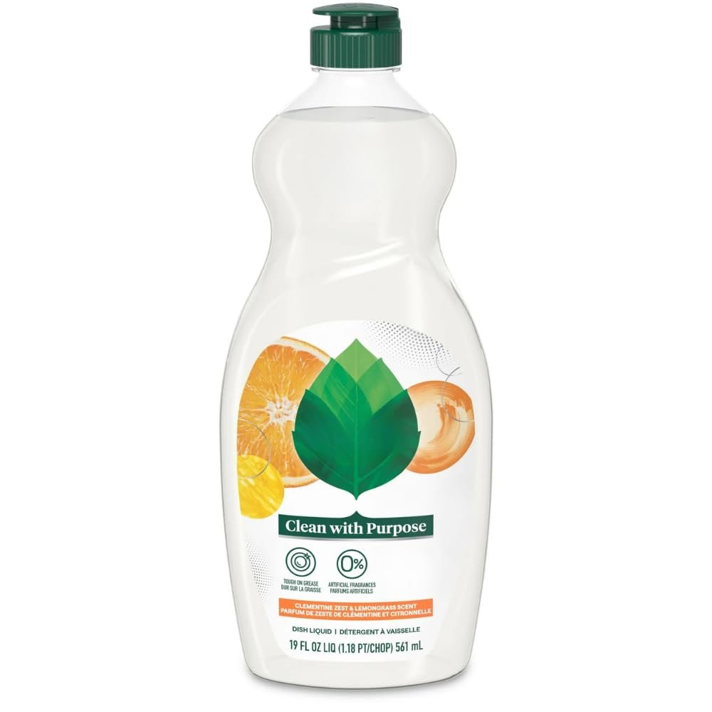 Liquid Dish Soap 1 Pack, 19 oz, Clementine Zest & Lemongrass Scent, Cuts Grease, Gentle on Hands, Plant-Based Cleaning Formula for Dishes and Glassware