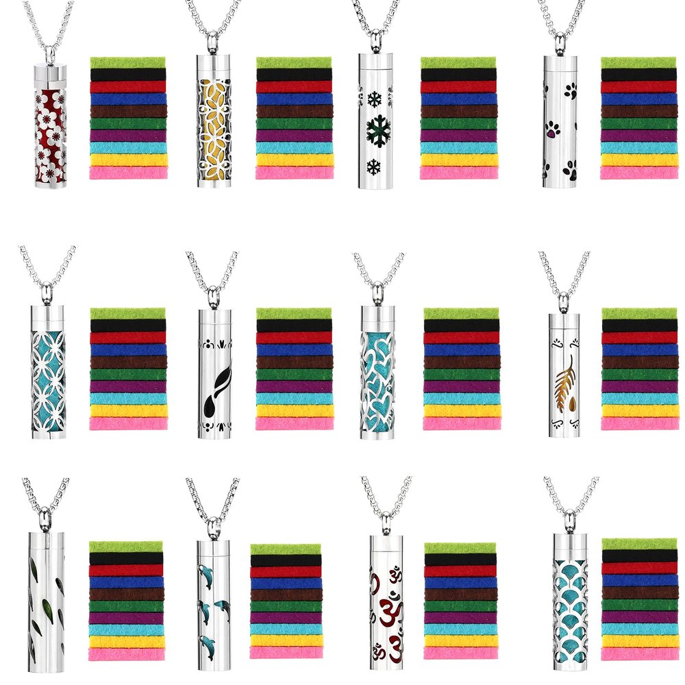 12 pcs Essential Oil Necklace, Alloy Aromatherapy Diffuser Necklace, Aromatherapy Pendant