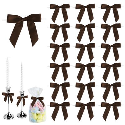 50 PCS Brown Twist Tie Bows 2.5" Satin Ribbon Bows Decor for Gift Wrapping Craft Treat Bags Cake Pop Basket, Wedding Baby Shower Birthday Party Favors