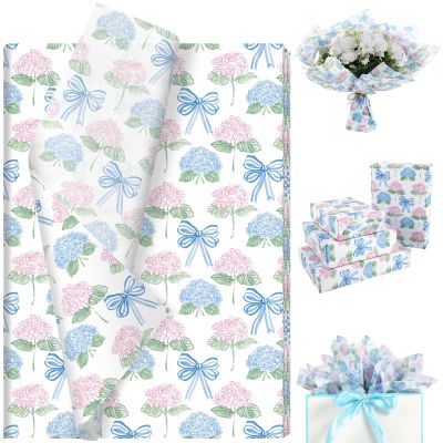 100 Sheets Watercolor Hydrangea Tissue Paper, Pastel Floral Bow Patterns Wrapping Paper for Birthday DIY Crafts Wedding Baby Shower Party Supplies, 13.8 x 19.7 Inch (Hydrangea)
