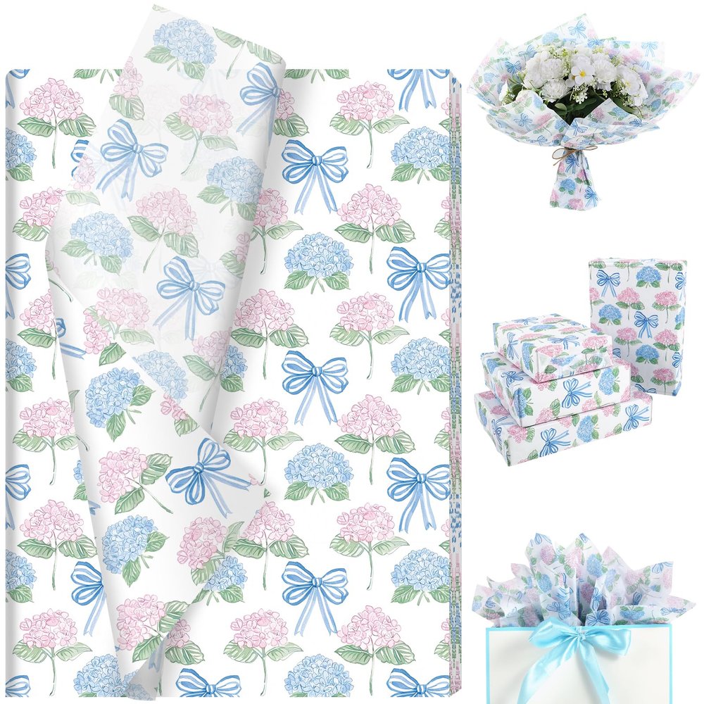 100 Sheets Watercolor Hydrangea Tissue Paper, Pastel Floral Bow Patterns Wrapping Paper for Birthday DIY Crafts Wedding Baby Shower Party Supplies, 13.8 x 19.7 Inch (Hydrangea)