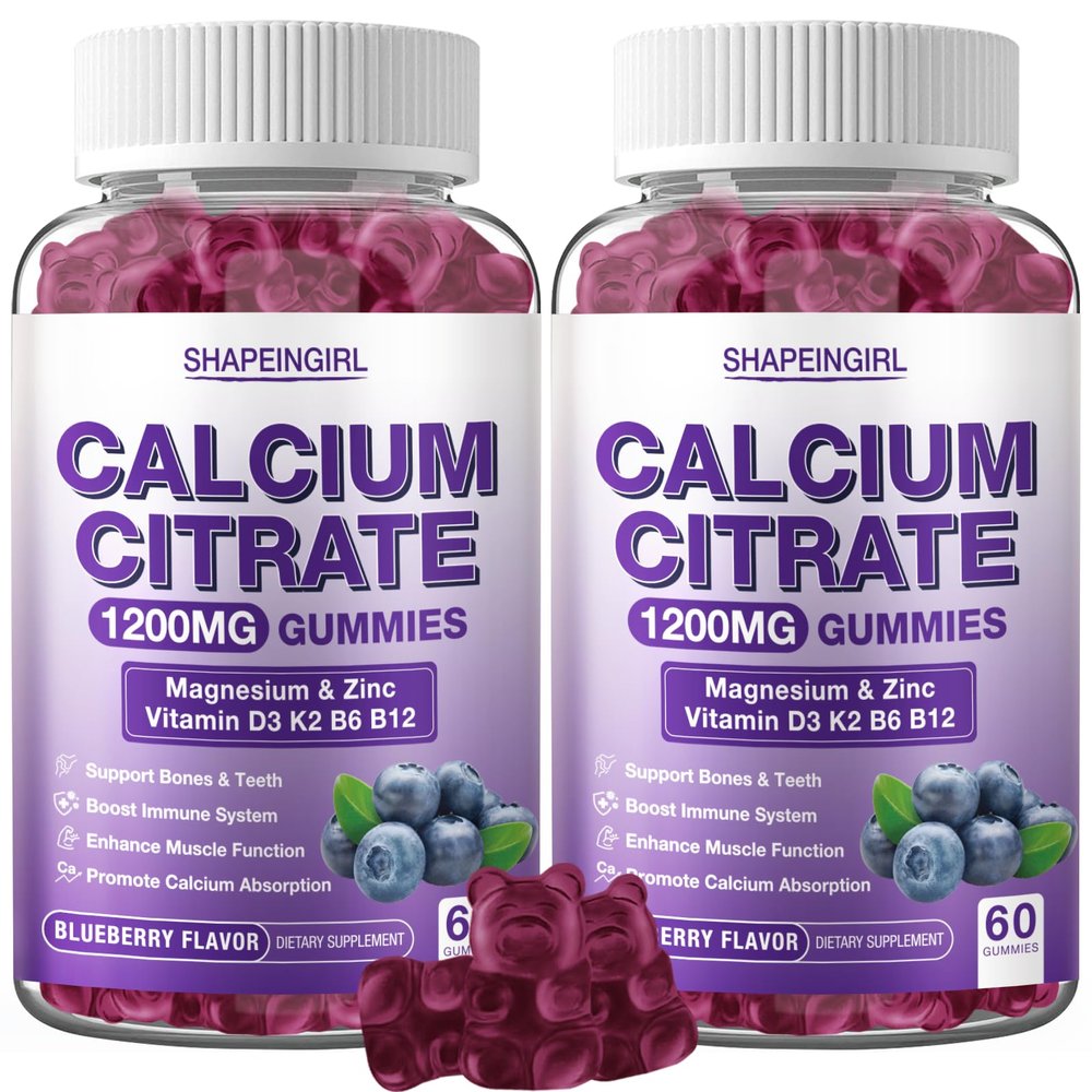 1200mg Calcium Citrate with Vitamin D3, K2, B6 & B12, Calcium Supplements for Women & Men, Plus Magnesium Zinc for Bones, Muscle & Immune Support, High Absorption 120 Calcium Gummies Blueberry Flavor