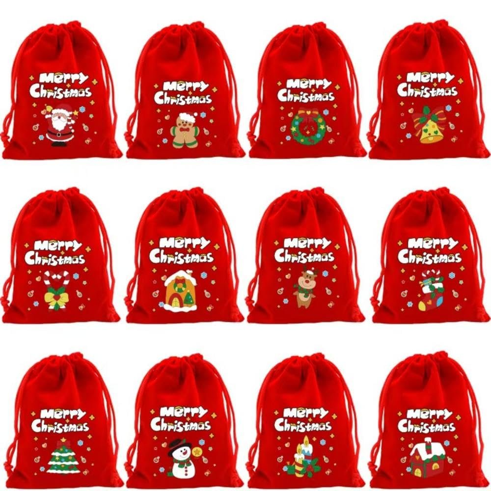 12 Pack Christmas Drawstring Gift Bags 8x12in Santa Sack, Red/Green Holiday Bags for Family Traditions, Personalized Gifts bag