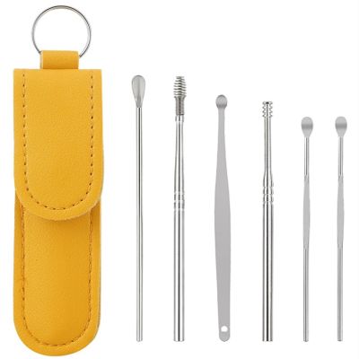 2025 New Earwax Cleaner Tool Set, Stainless Steel 6PCS Spring and Spiral Ear Cleaning Kit with Portable PU Leather Case, Manual Ear Pick Ear Wax Cleaning Tools with Massage Design for Men and Women