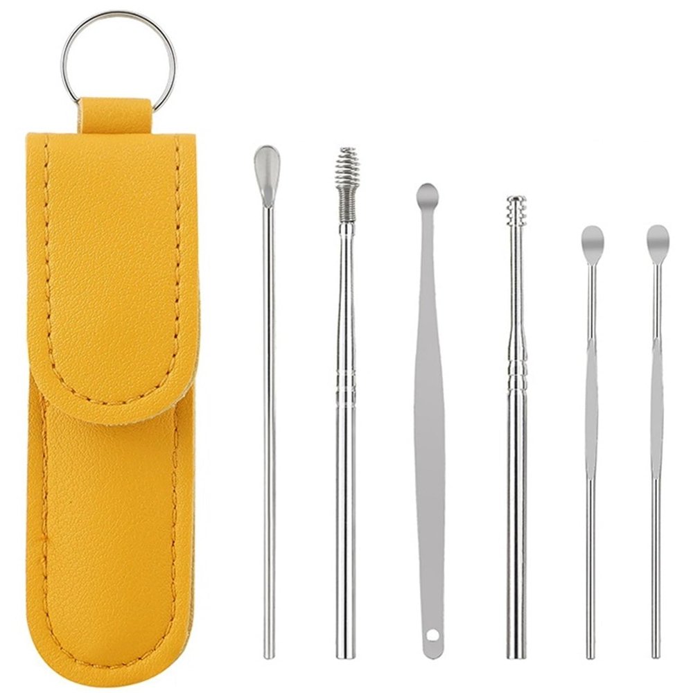 2025 New Earwax Cleaner Tool Set, Stainless Steel 6PCS Spring and Spiral Ear Cleaning Kit with Portable PU Leather Case, Manual Ear Pick Ear Wax Cleaning Tools with Massage Design for Men and Women