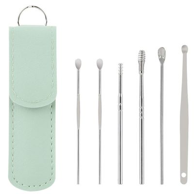 2025 New Earwax Cleaner Tool Set, Stainless Steel 6PCS Spring and Spiral Ear Cleaning Kit with Portable PU Leather Case, Manual Ear Pick Ear Wax Cleaning Tools with Massage Design for Men and Women