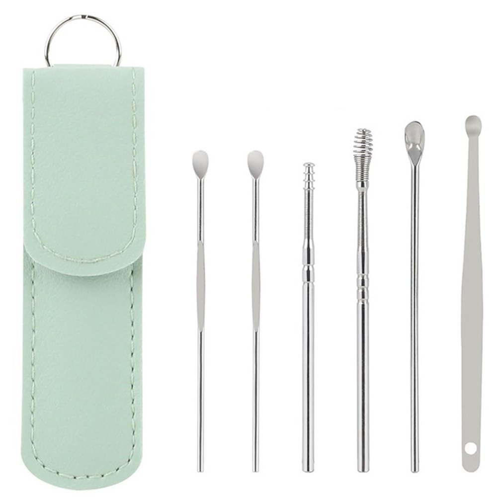 2025 New Earwax Cleaner Tool Set, Stainless Steel 6PCS Spring and Spiral Ear Cleaning Kit with Portable PU Leather Case, Manual Ear Pick Ear Wax Cleaning Tools with Massage Design for Men and Women