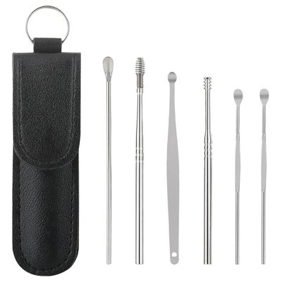 2025 New Earwax Cleaner Tool Set, Stainless Steel 6PCS Spring and Spiral Ear Cleaning Kit with Portable PU Leather Case, Manual Ear Pick Ear Wax Cleaning Tools with Massage Design for Men and Women