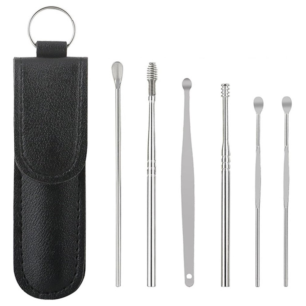 2025 New Earwax Cleaner Tool Set, Stainless Steel 6PCS Spring and Spiral Ear Cleaning Kit with Portable PU Leather Case, Manual Ear Pick Ear Wax Cleaning Tools with Massage Design for Men and Women