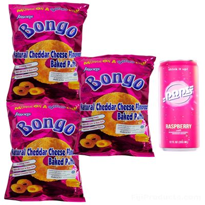 FIJI PUFFS SNACK - Bongo Cheese 3x 156g, Soda Pops 12 Oz Can (Value 4 Packs) Bongo Cheddar Cheese Flavored Baked Puffs Snack, POPS Raspberry Flavored Fizzy Soda