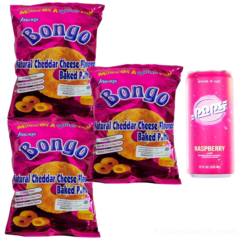 FIJI PUFFS SNACK - Bongo Cheese 3x 156g, Soda Pops 12 Oz Can (Value 4 Packs) Bongo Cheddar Cheese Flavored Baked Puffs Snack, POPS Raspberry Flavored Fizzy Soda