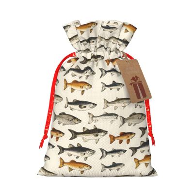 Realistic Style Fish Print Gift Bags, Reusable Drawstring Christmas Gift Bags with Gifts Tag for Birthday Xmas Holiday Party Supplies, Christmas Decorations