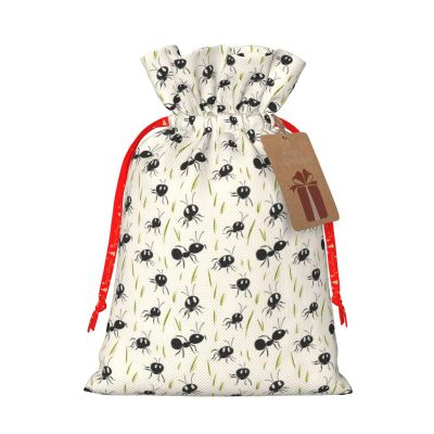 Cute Ant Black Print Gift Bags, Reusable Drawstring Christmas Gift Bags with Gifts Tag for Birthday Xmas Holiday Party Supplies, Christmas Decorations