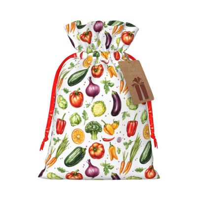 Tomato Pepper Vegetable Print Gift Bags, Reusable Drawstring Christmas Gift Bags with Gifts Tag for Birthday Xmas Holiday Party Supplies, Christmas Decorations