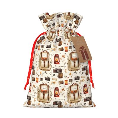 Camping Tools Pattern Print Gift Bags, Reusable Drawstring Christmas Gift Bags with Gifts Tag for Birthday Xmas Holiday Party Supplies, Christmas Decorations