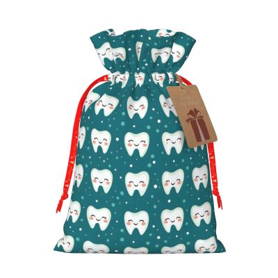 Cute Tooth Cartoon Print Gift Bags, Reusable Drawstring Christmas Gift Bags with Gifts Tag for Birthday Xmas Holiday Party Supplies, Christmas Decorations