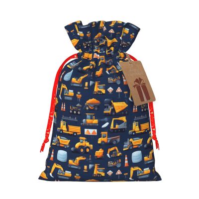 Digger Roadblock Dozer Print Gift Bags, Reusable Drawstring Christmas Gift Bags with Gifts Tag for Birthday Xmas Holiday Party Supplies, Christmas Decorations