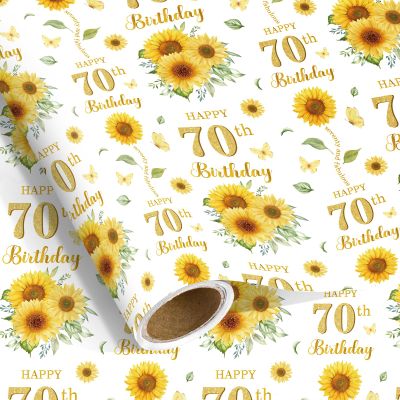 Pineraap 70th Birthday Wrapping Paper Roll with Sunflower Design 70th Gift Wrap Paper for Birthday, Women, Man, Party, Holiday, 17 Inch x 16.4 Feet