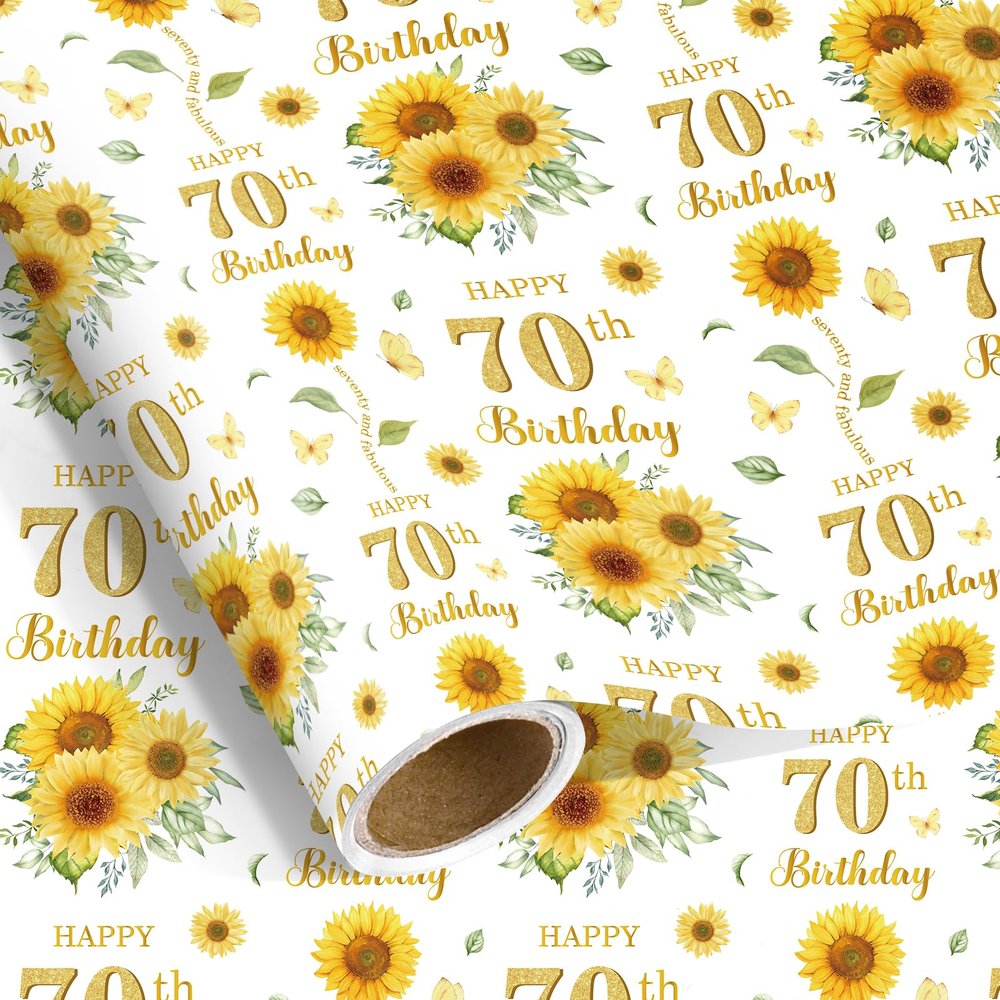 Pineraap 70th Birthday Wrapping Paper Roll with Sunflower Design 70th Gift Wrap Paper for Birthday, Women, Man, Party, Holiday, 17 Inch x 16.4 Feet