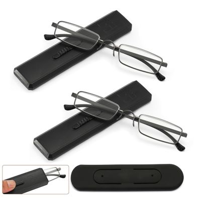 KAEDEK 2 pack Reading Glasses Retractable Case, Anti-Blue Light, Ultra Thin & Light, Phone Stand, Unisex (Gun&Gun, 125)