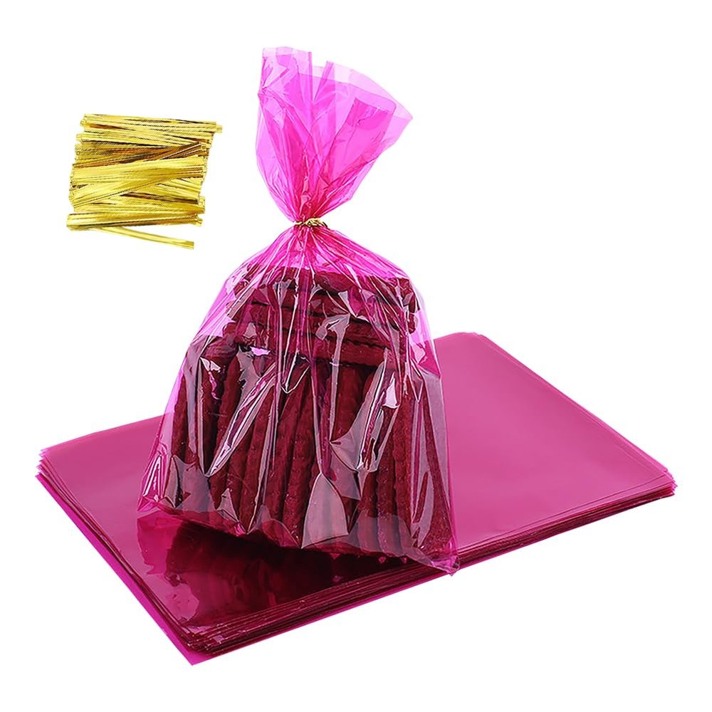 100 Pcs 6 x 9 Inch Cellophane Treat Bags Cello Party Favor Bags Christams Candy Gift Bag Plastic Snack Goodie Bag Sweet Goody Bags with Twist Ties for Thanksgiving Halloween Valentine's Day Hot Pink