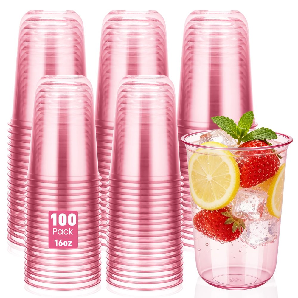 VZZNN 100 Pack 16 oz Pink Clear Plastic Cups, Disposable Cold Drink Party Cups for Iced Coffee, Smoothie, Juice, Wine, Cocktail, Rounded Bottom Plastic Glasses for Wedding, Birthday, Holiday, Meeting