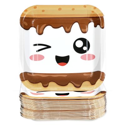 60 Pcs S'mores Camping Birthday Paper Plates 7" Heavy Duty Square Plates
