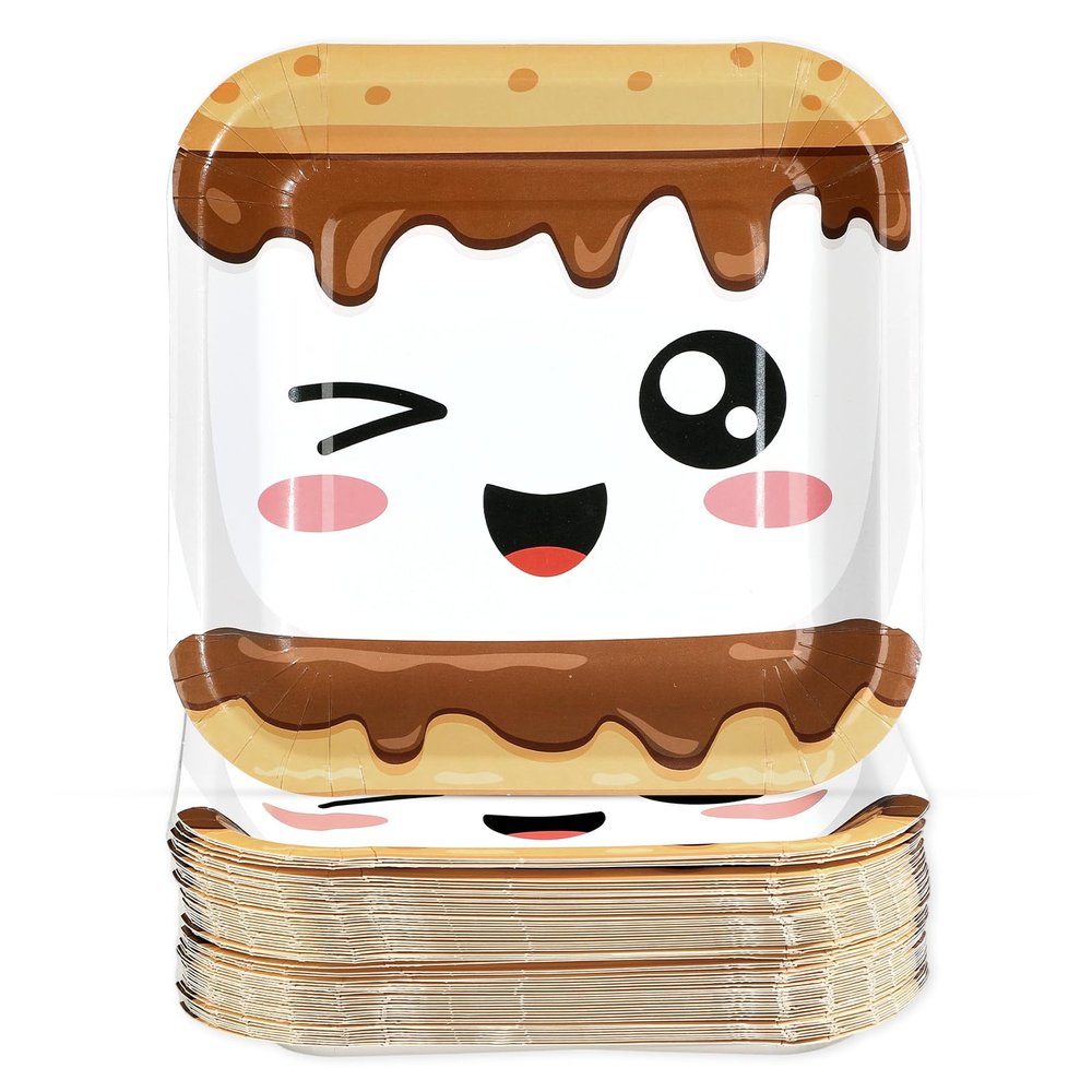 60 Pcs S'mores Camping Birthday Paper Plates 7" Heavy Duty Square Plates