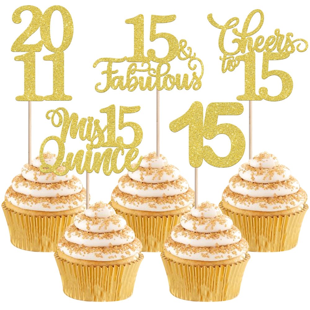 30 PCS Happy 15th Birthday Cupcake Toppers 15 Fabulous Fifteen Since 2011 Cupcake Picks Cheers to 15 Years Party Decorations for 15th Birthday Anniversary Party Cake Decorations Supplies Gold