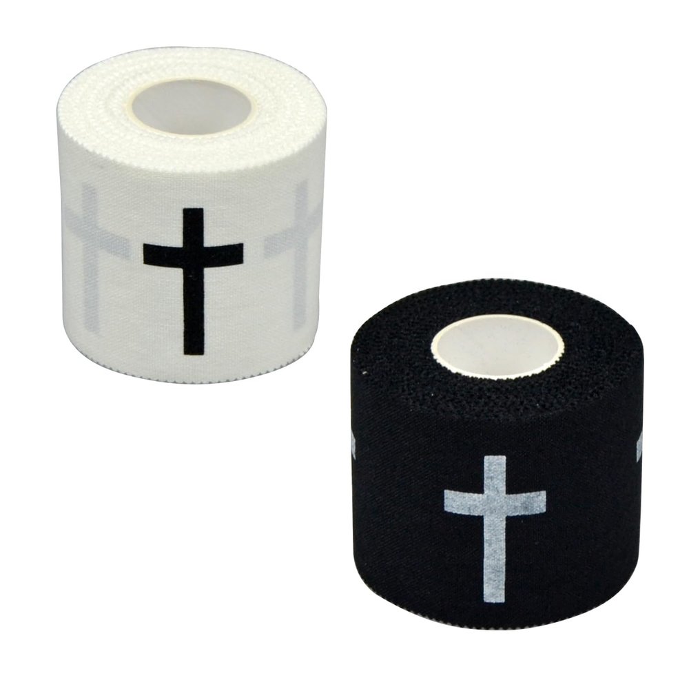 2 Pcs Christian Athletic Sports Tape 2in x 23ft Cotton Zinc Oxide Cross Wrist & Ankle Tape for Tennis, Baseball, Football, BoxingJesus Gift for Men & Women (2Pcs-Whitecross+Blackcross)