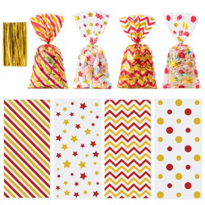 Aegero 120 Pack Red/Gold (wave dots/ wave stripes /diagonal stripes/Star Printed)Cellophane Treat Bags,10.63 x 5.12 Inch Plastic Candy Goodies Bags with 140 Pcs Twists for Valentine,Birthday,Bakery,Wedding,Gift Cookie Snack Packing,Party Favor Suppli