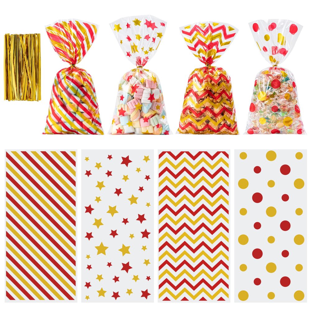 Aegero 120 Pack Red/Gold (wave dots/ wave stripes /diagonal stripes/Star Printed)Cellophane Treat Bags,10.63 x 5.12 Inch Plastic Candy Goodies Bags with 140 Pcs Twists for Valentine,Birthday,Bakery,Wedding,Gift Cookie Snack Packing,Party Favor Suppli