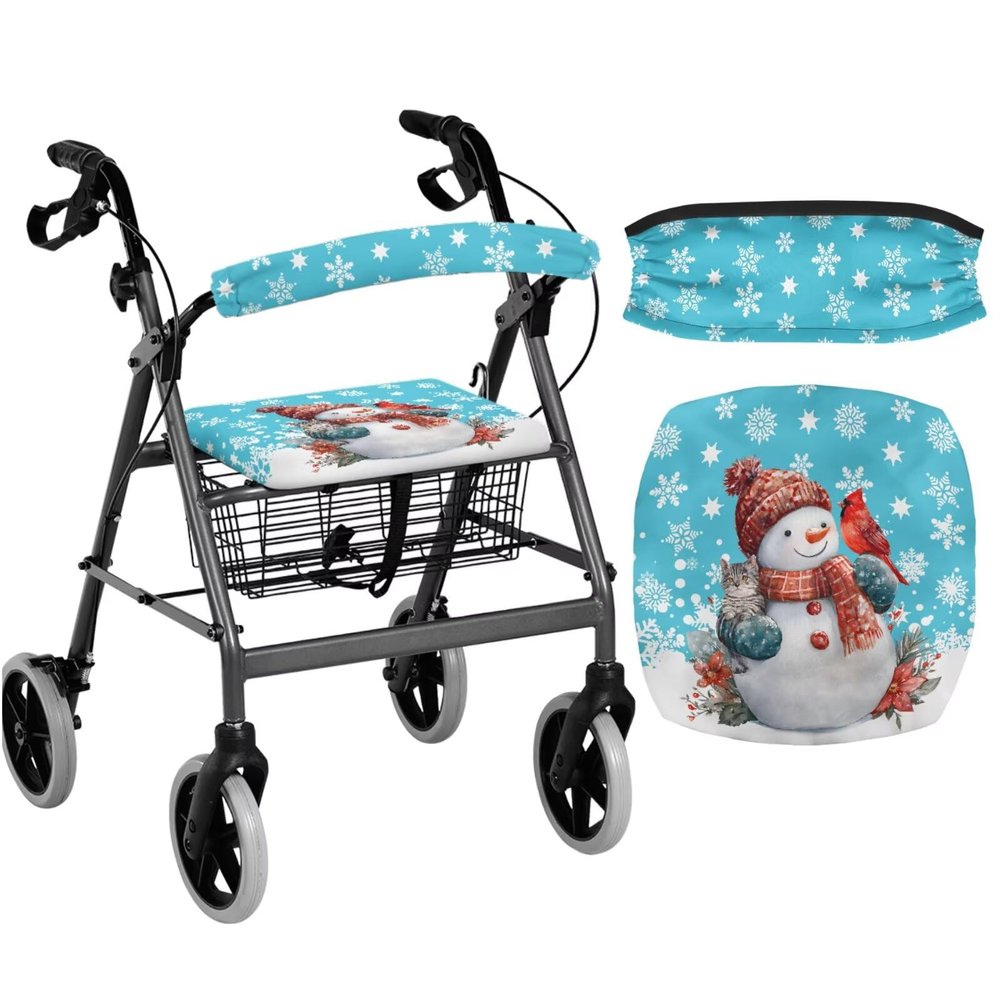 Viuacagoru Christmas Snowman Rollator Seat Cushion with Backrest Cover Removable WashableWalker Accessories