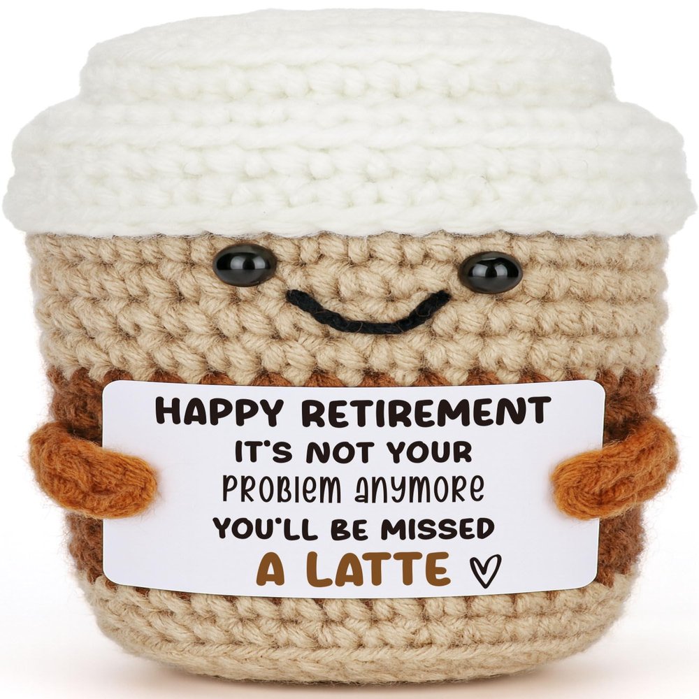 BackURyear Funny Retirement Gifts for Women Men, Office Retired Farewell Leaving Going Away Gift for Her Him Coworkers Boss Friends, Happy Retirement Party Decor, Handmade Crochet Coffee