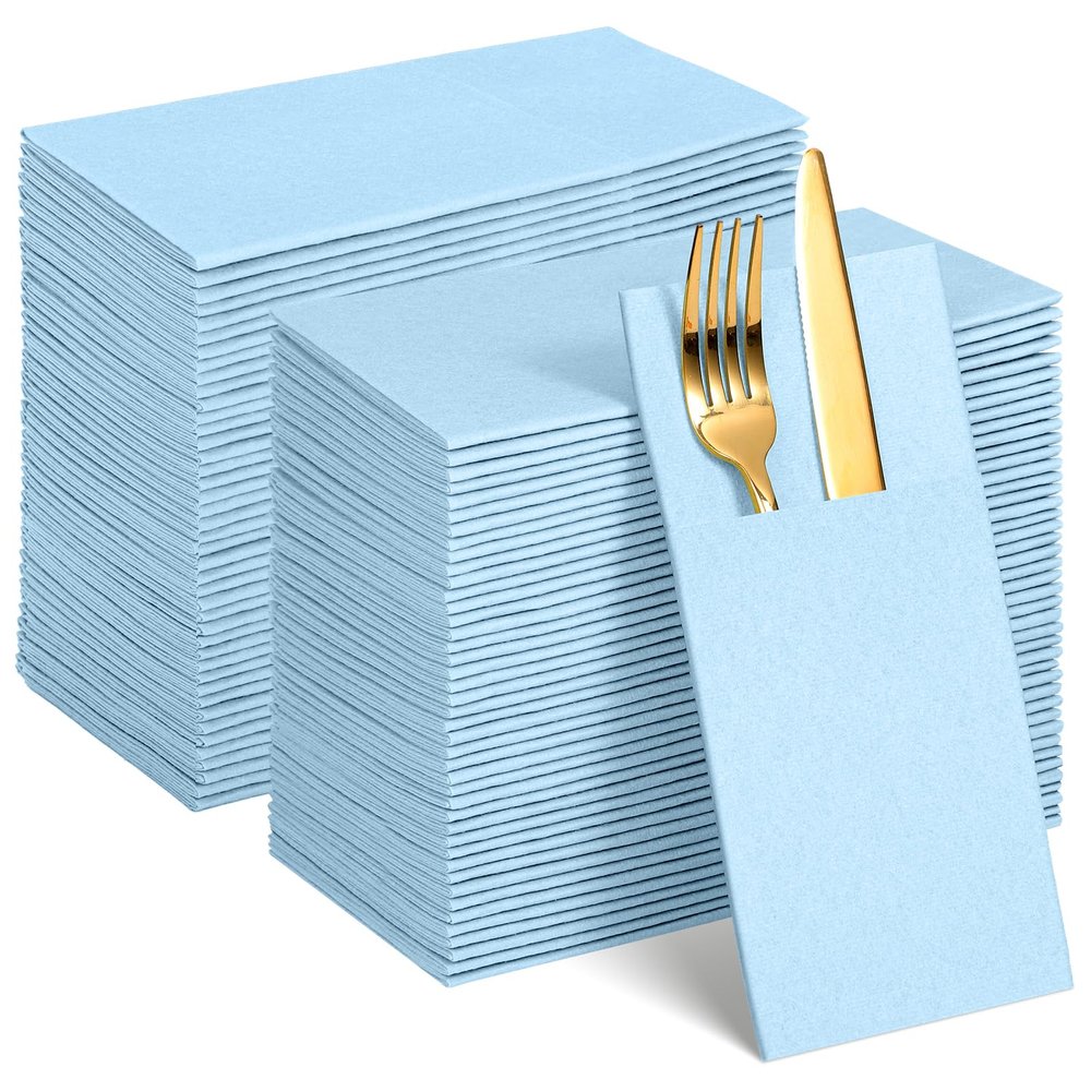 120 Pcs Light Blue Linen-Feel Paper Napkins with Built-in Flatware Pocket, Pocket Linen Napkins Prefolded Cloth Like Paper Napkins Bulk for Silverware Wedding Baby Shower Birthday Bridal Party