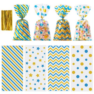 Aegero 120 Pack Blue/Gold (wave dots/ wave stripes /diagonal stripes/Star Printed)Cellophane Treat Bags,10.63 x 5.12 Inch Plastic Candy Goodies Bags with 140 Pcs Twists for Valentine,Birthday,Bakery,Wedding,Gift Cookie Snack Packing,Party Favor Suppl