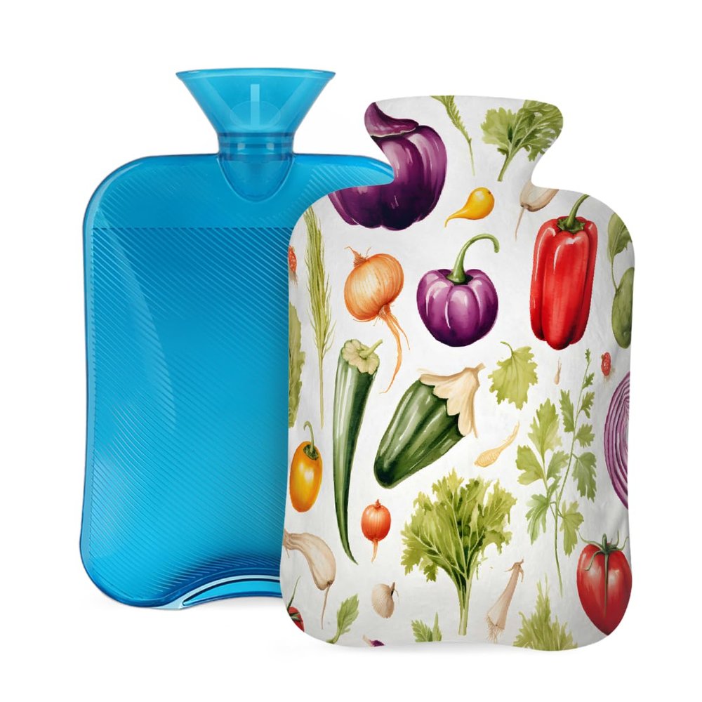 Hot Water Bottle with Cover, 2L Hot Water Bag for Pain Relief Hand Feet Warmer(Watercolor Vegetables)