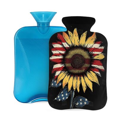 Hot Water Bottle with Cover, 2L Hot Water Bag for Pain Relief Hand Feet Warmer(American Flag Sunflowers)